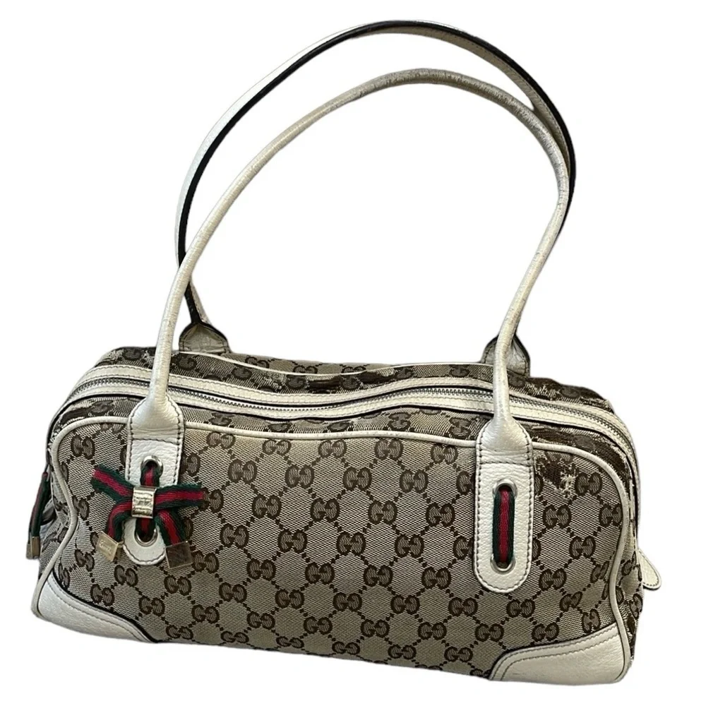 Vintage Gucci Princy GG Monogram Logo Sherry Line Web Shoulder Bag Tan Ivory